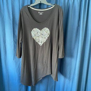 NWOT- 3/4 sleeve Long t-shirt with sequence/crystals in shape of a Heart.